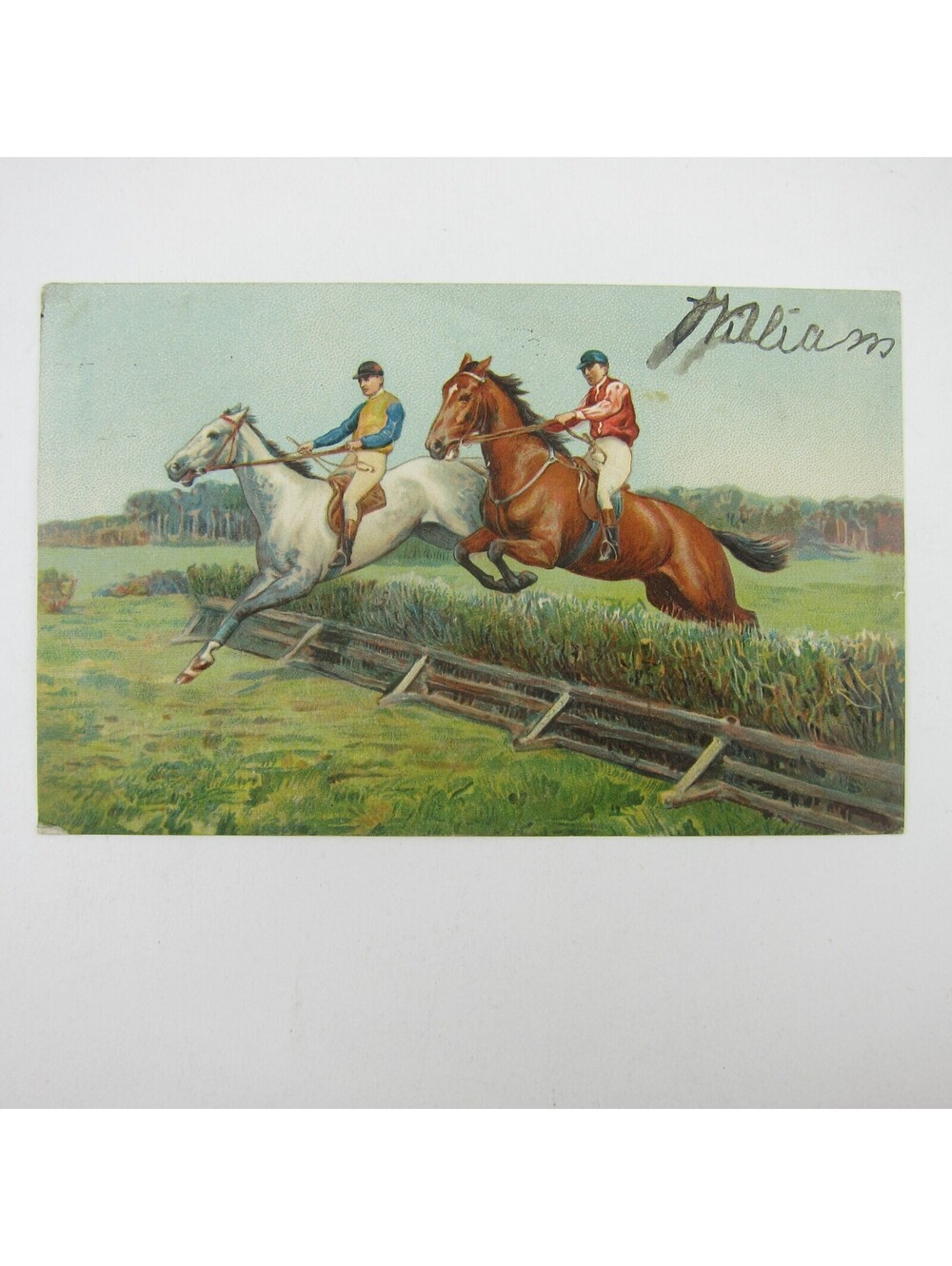 Postcard Horse Race Jockeys Ride White & Brown Horse Jump Fence Embossed Antique